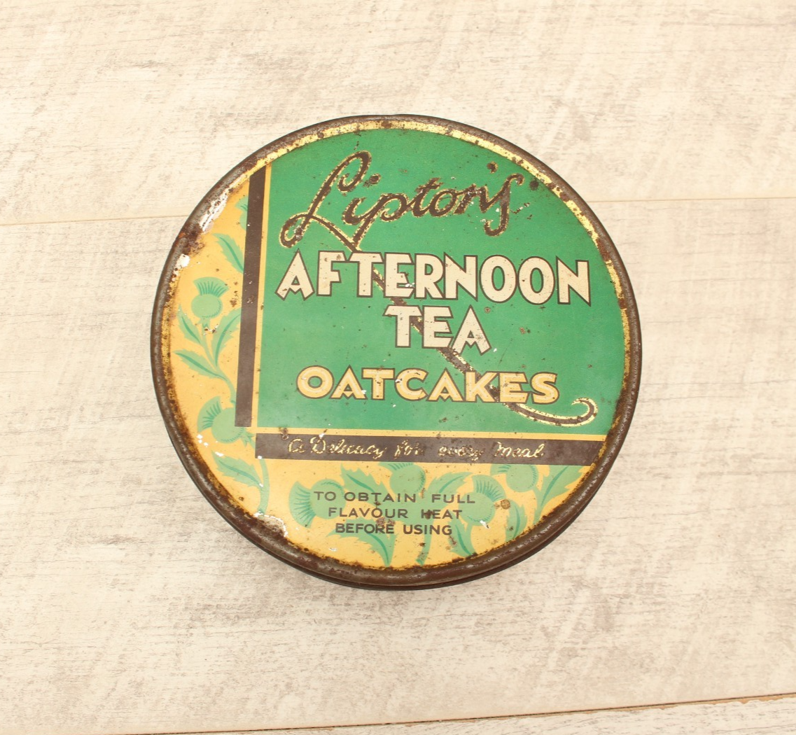 Vintage Lipton's Afternoon Tea Oatcakes Tin Green Circular Serving Instructions