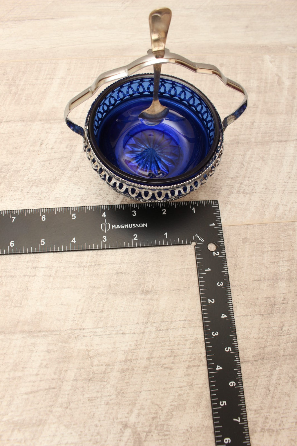 Vintage Cobalt Blue Glass Sugar & Jam Bowl Set with Tudor Plate Spoon