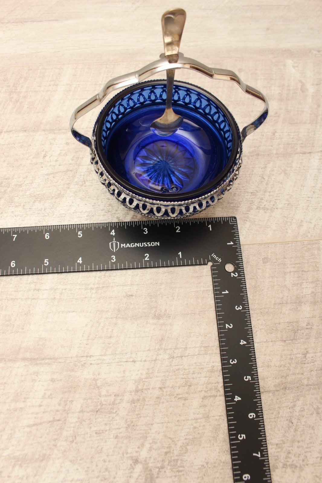 Vintage Cobalt Blue Glass Sugar & Jam Bowl Set with Tudor Plate Spoon