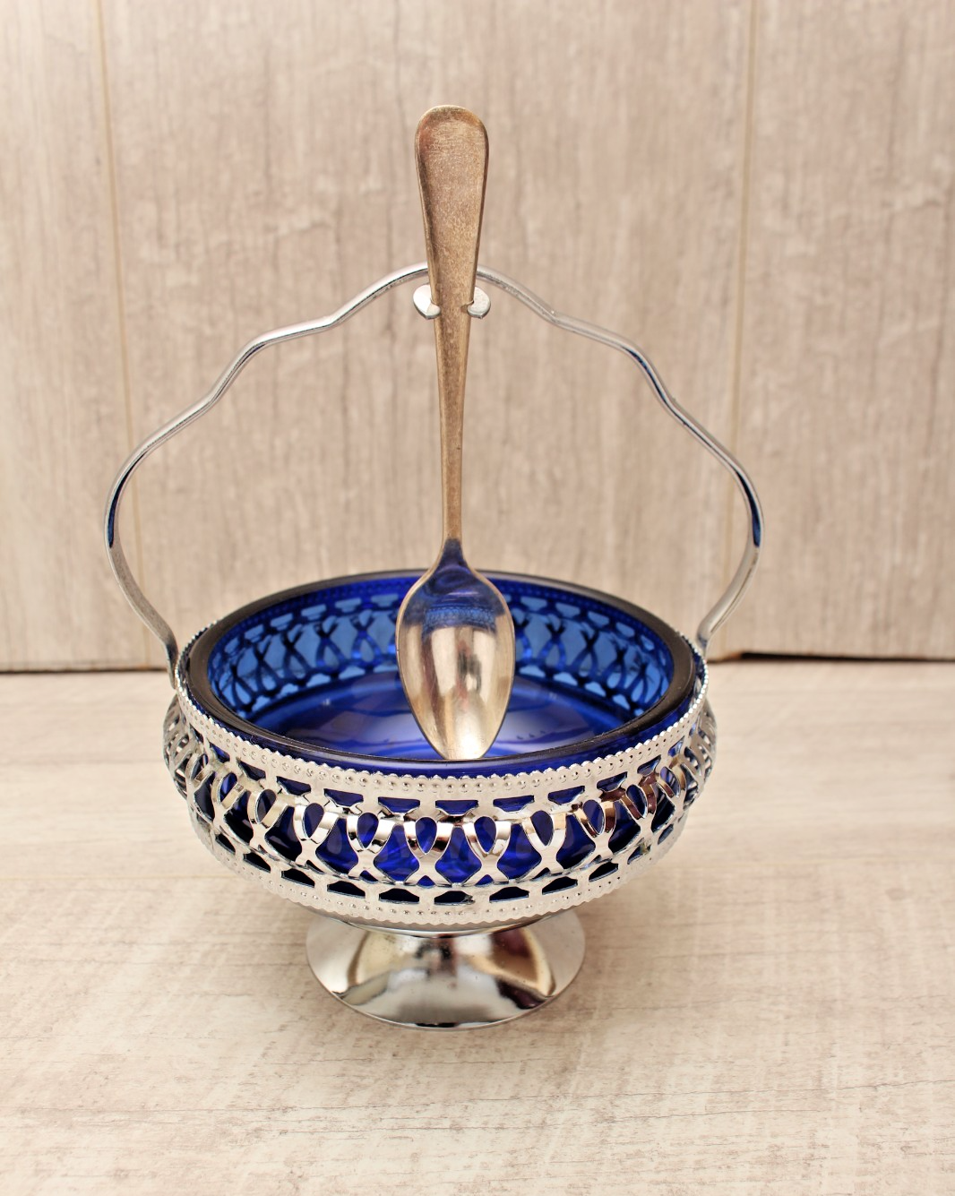 Vintage Cobalt Blue Glass Sugar & Jam Bowl Set with Tudor Plate Spoon