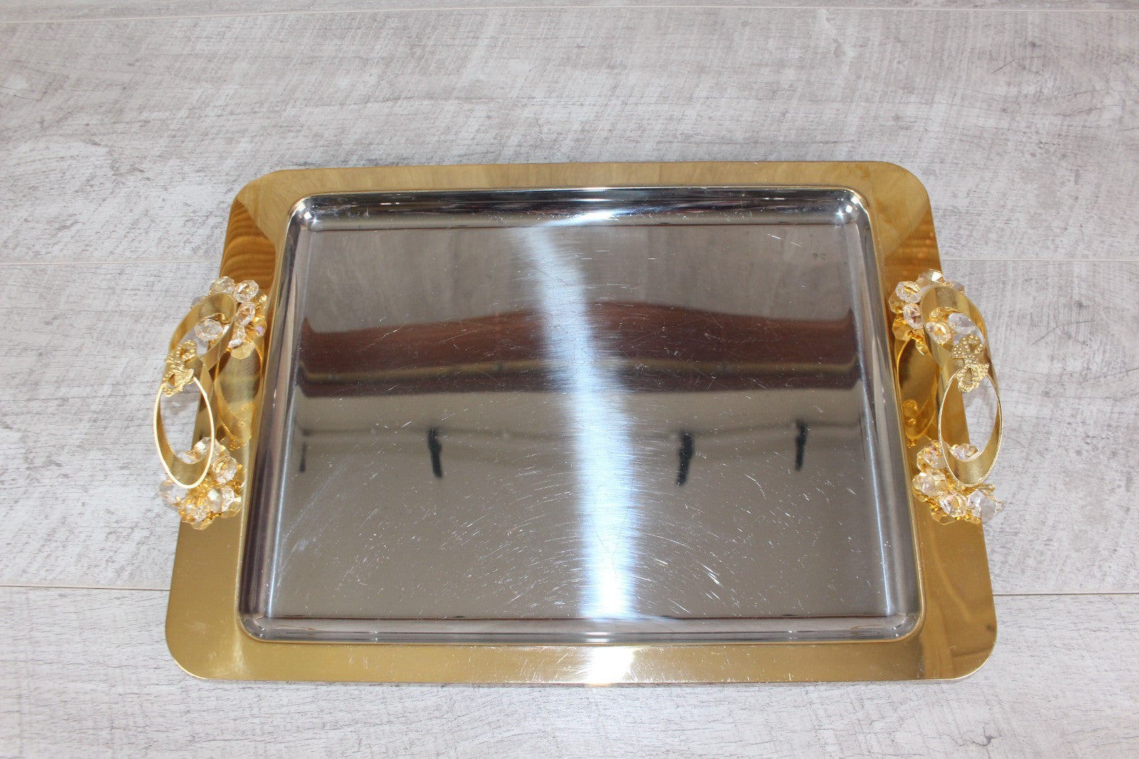 Vintage Italian INOX 18/10 Mirror Tray – 24kt Gold Plated Accents