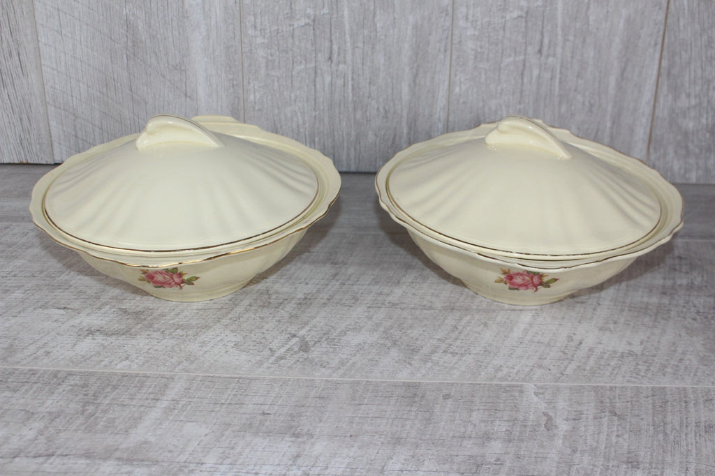 Pair of Vintage J&G Meakin "Sunshine" Lidded Tureens - Pink Rose & Gold Gilt