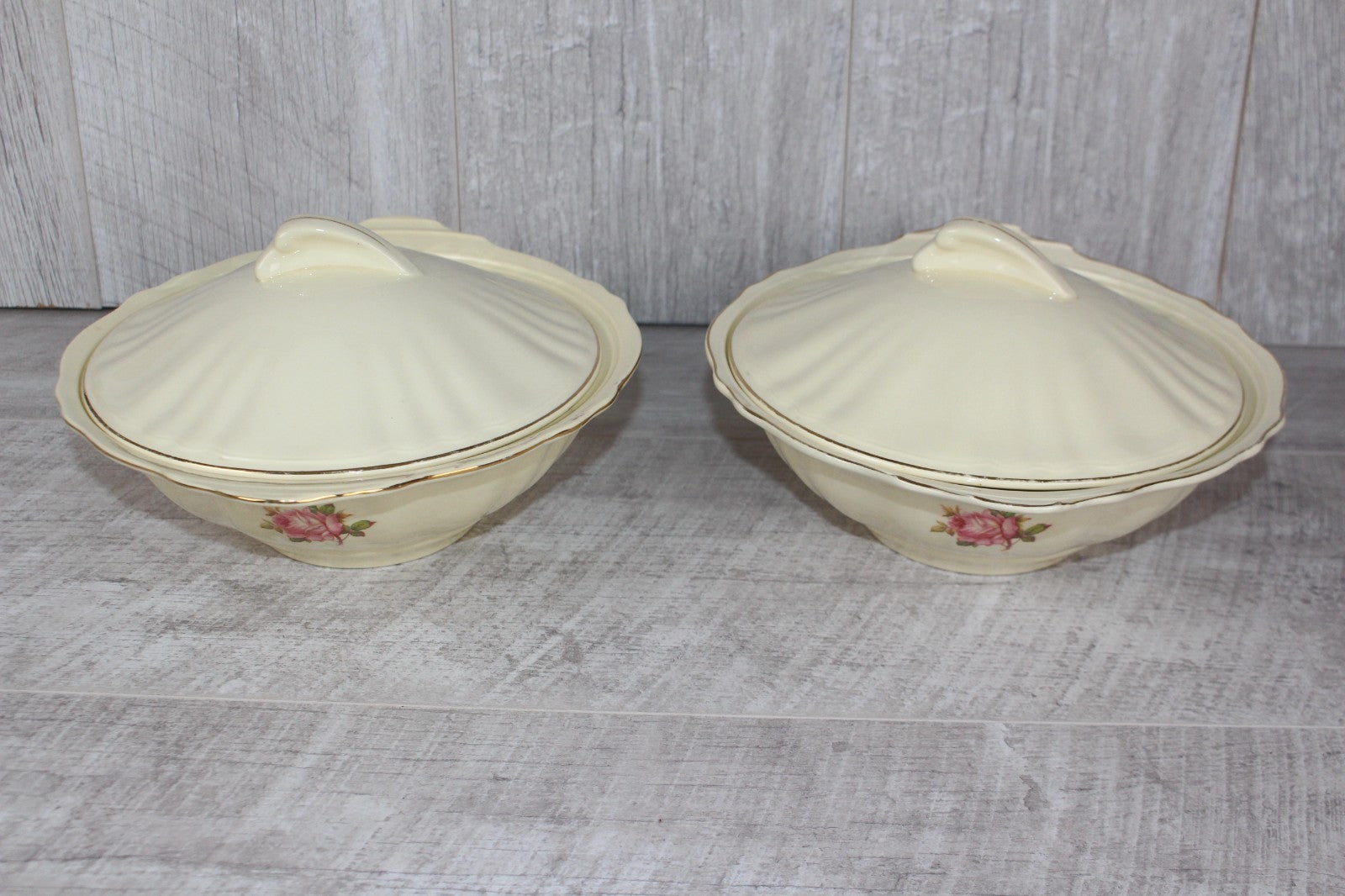 Pair of Vintage J&G Meakin "Sunshine" Lidded Tureens - Pink Rose & Gold Gilt
