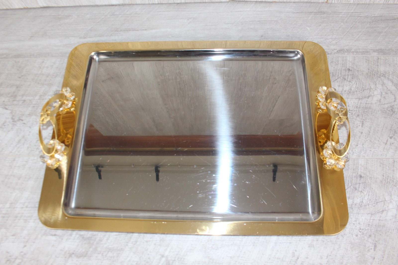 Vintage Italian INOX 18/10 Mirror Tray – 24kt Gold Plated Accents