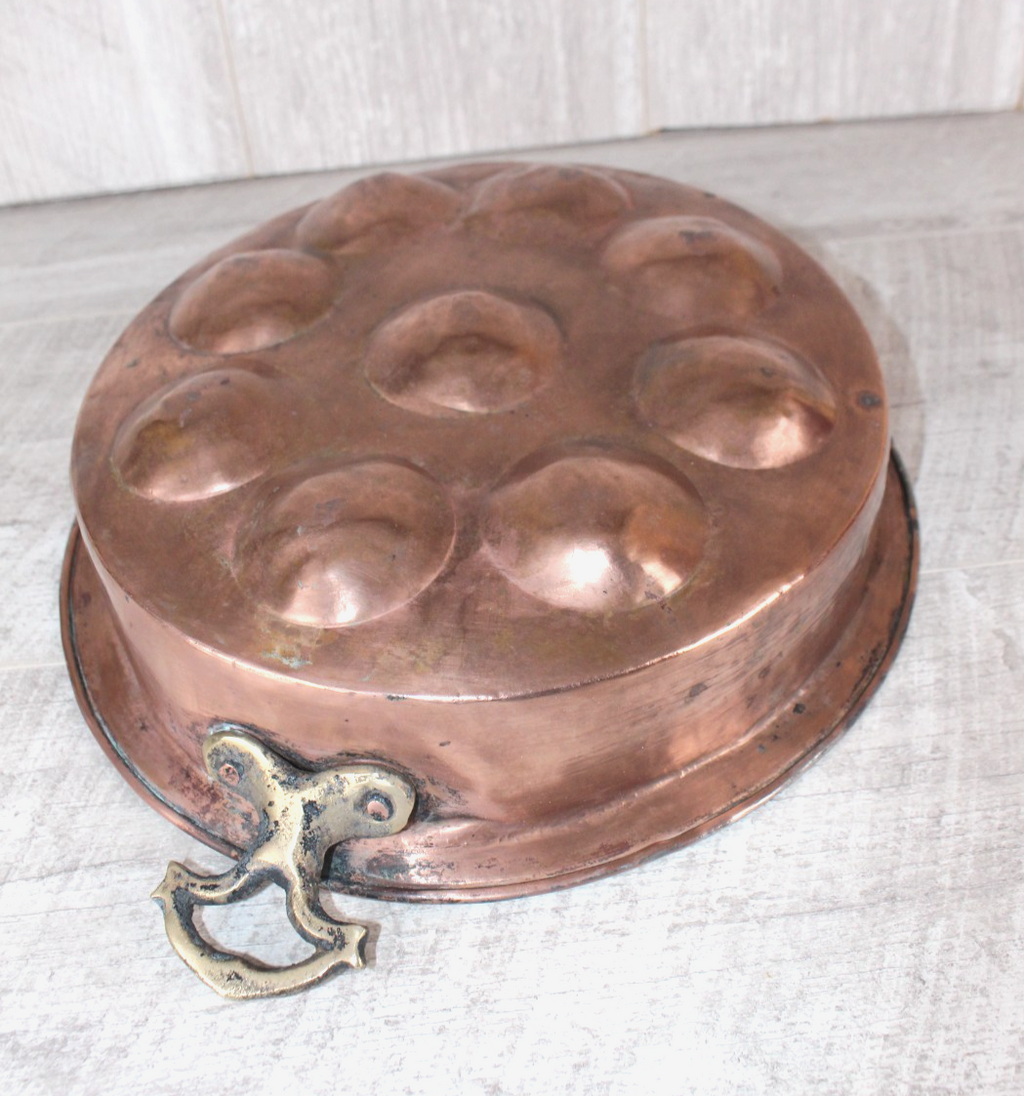 Antique French Copper Escargot Pan / Egg Poacher 11” - 19th Century Brass Handle