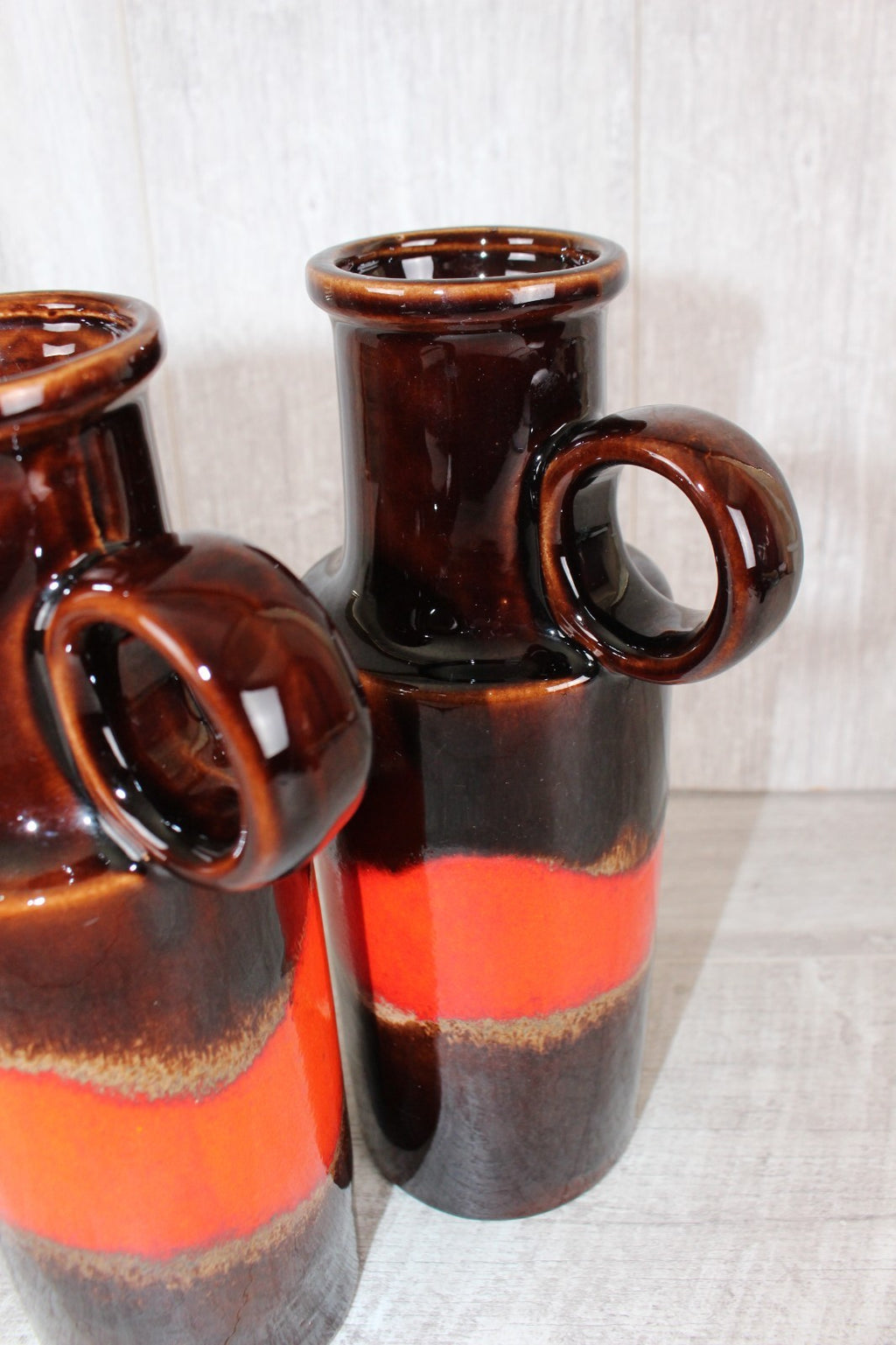 Pair of Vintage Scheurich 401-28 West German Pottery Vases Fat Lava Red Brown