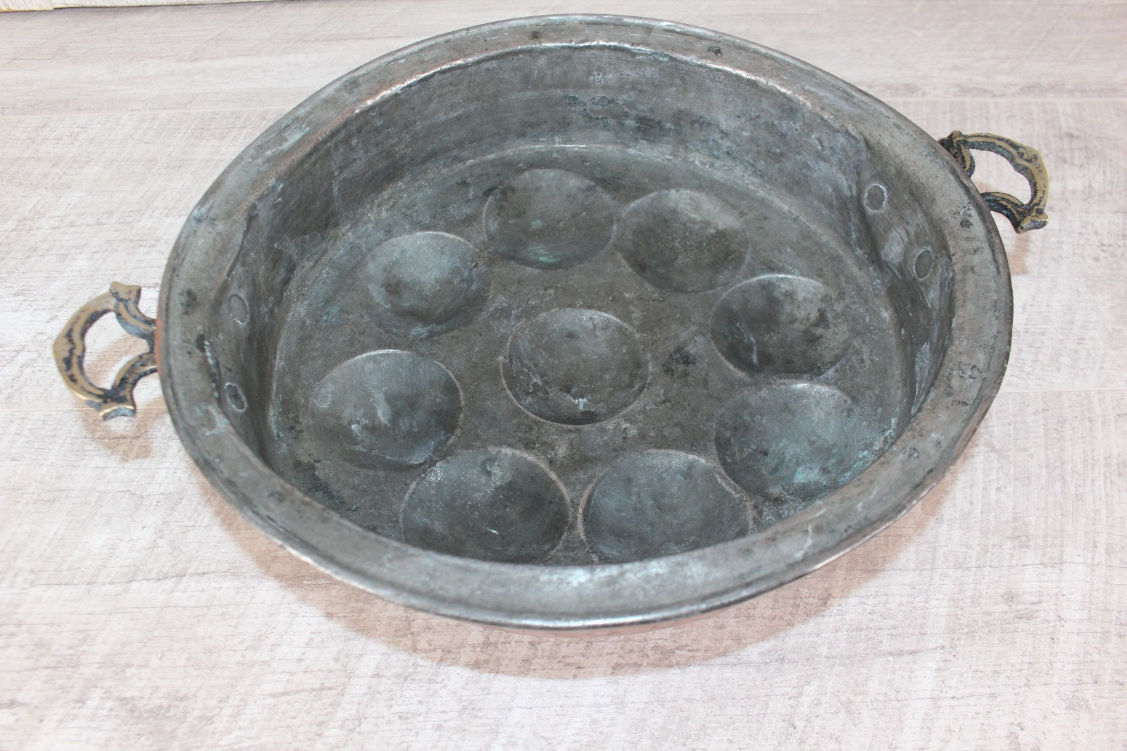 Antique French Copper Escargot Pan / Egg Poacher 11” - 19th Century Brass Handle