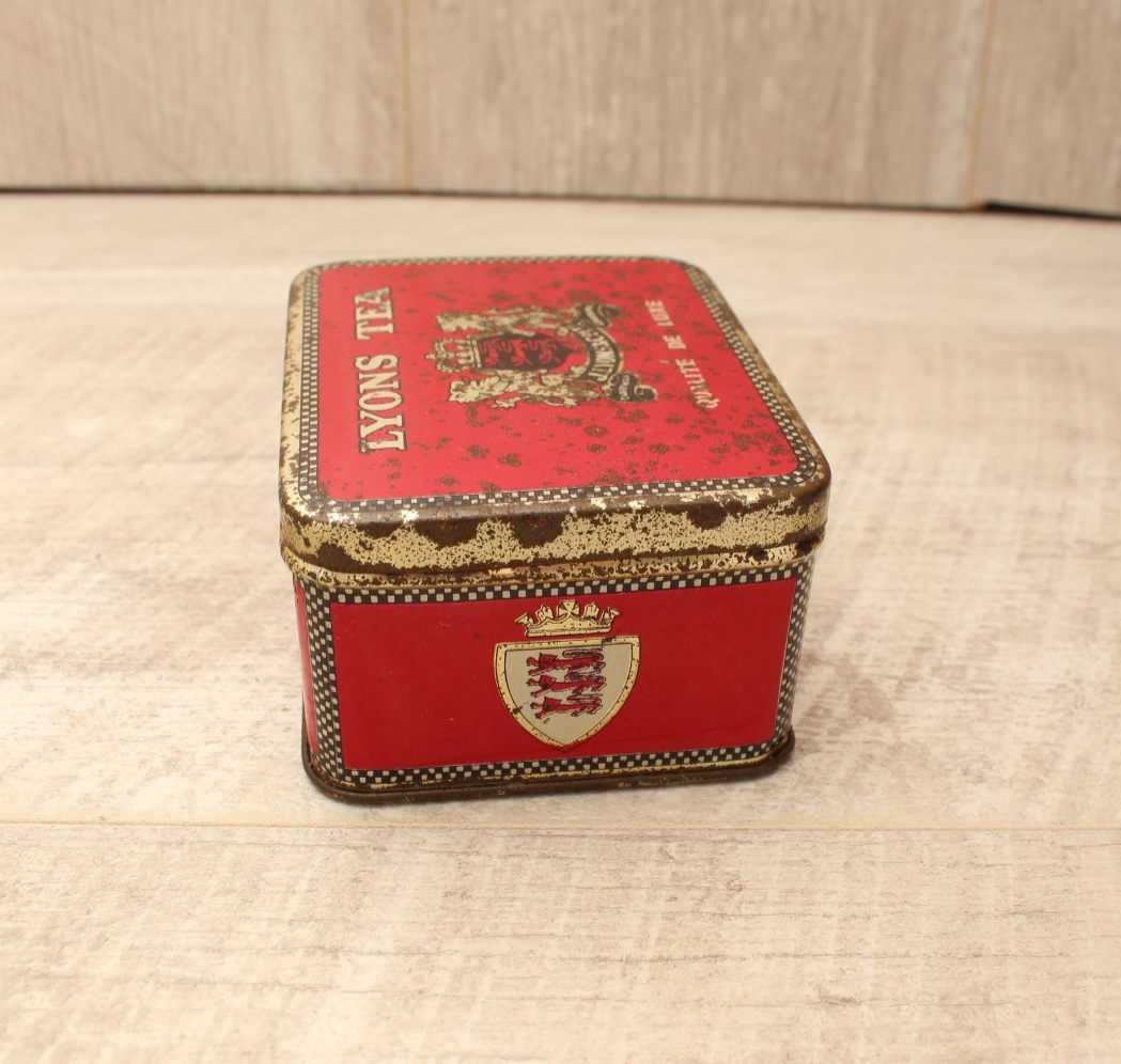 Vintage Lyons Tea Tin Rectangular Red Gold Caddy Original Base Paper Label