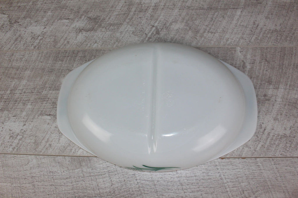 JAJ Pyrex Divided Serving Dish "Green Wheatsheaf Pattern" Vintage Milk Glass