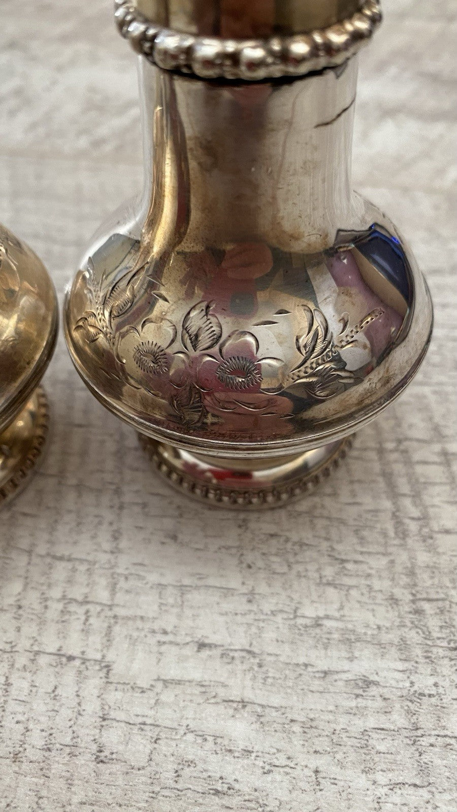 Vintage English Silver Plate Salt & Pepper Shakers - Hand Engraved Floral