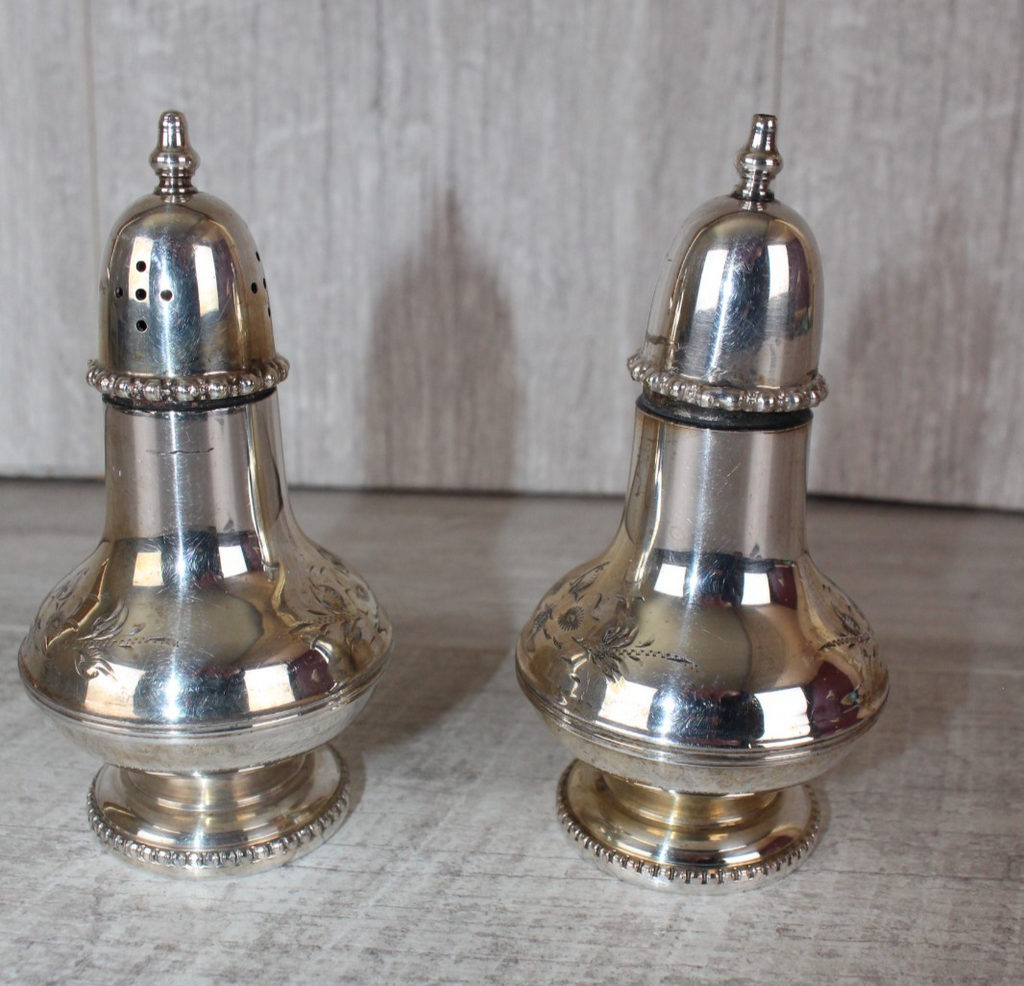 Vintage English Silver Plate Salt & Pepper Shakers - Hand Engraved Floral