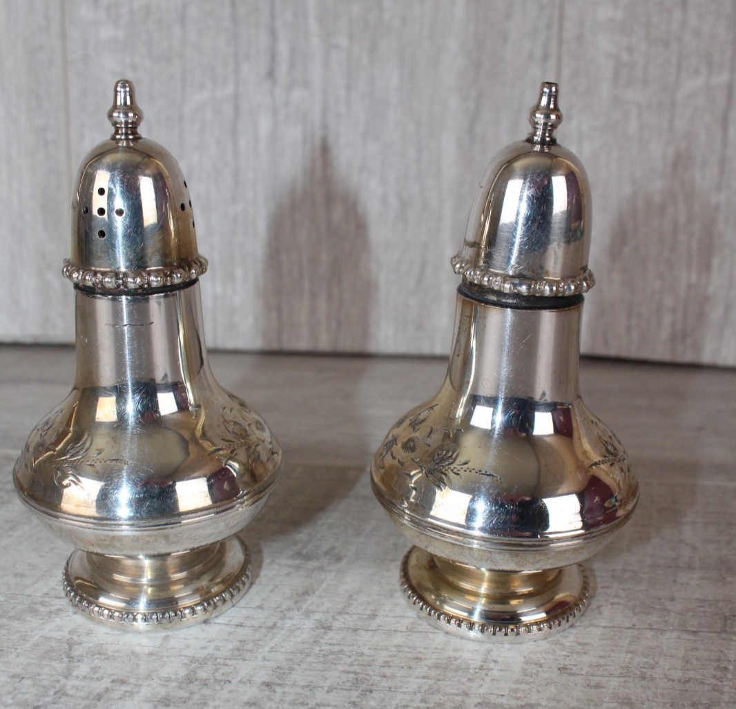 Vintage English Silver Plate Salt & Pepper Shakers - Hand Engraved Floral