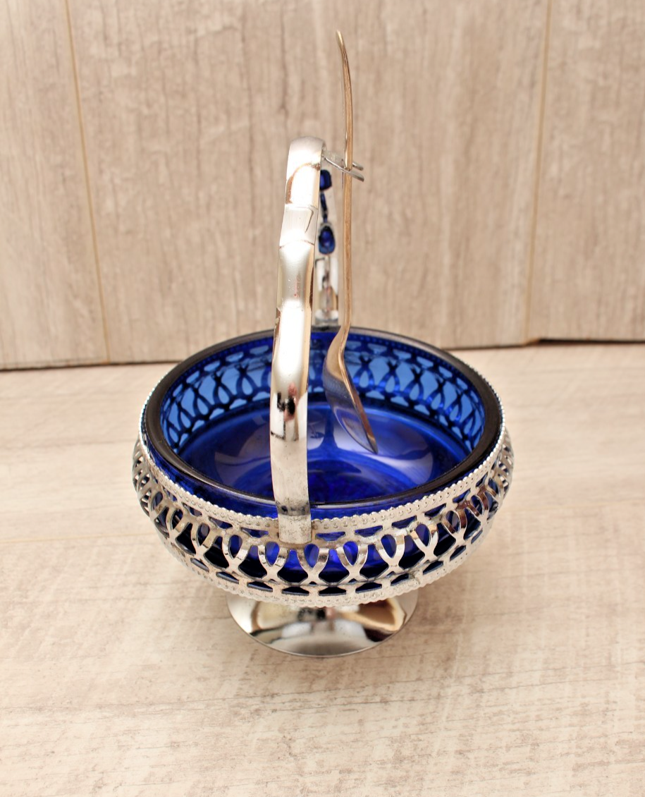 Vintage Cobalt Blue Glass Sugar & Jam Bowl Set with Tudor Plate Spoon
