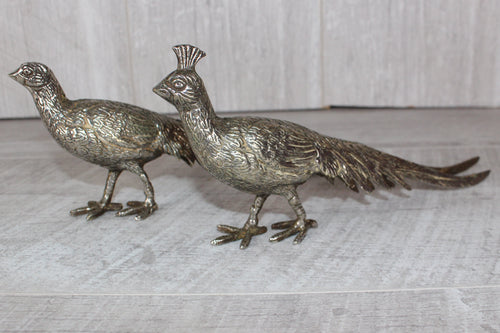 A Pair of Silver Plated Peacocks - Male and Female 10" length