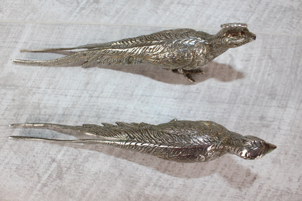A Pair of Silver Plated Peacocks - Male and Female 10" length