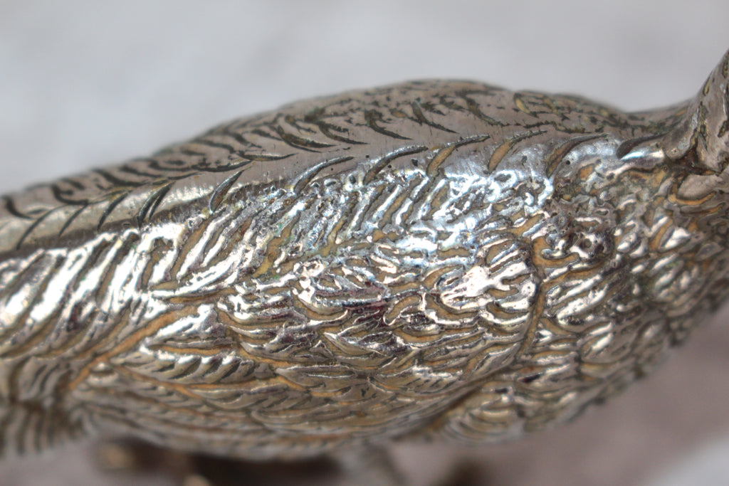 A Pair of Silver Plated Peacocks - Male and Female 10" length
