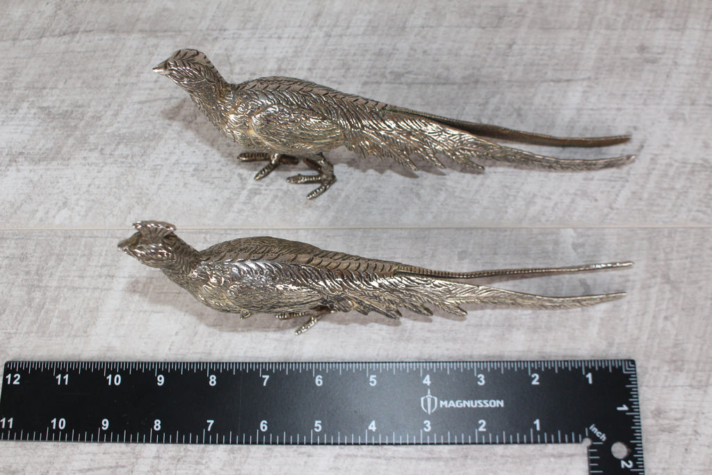 A Pair of Silver Plated Peacocks - Male and Female 10" length