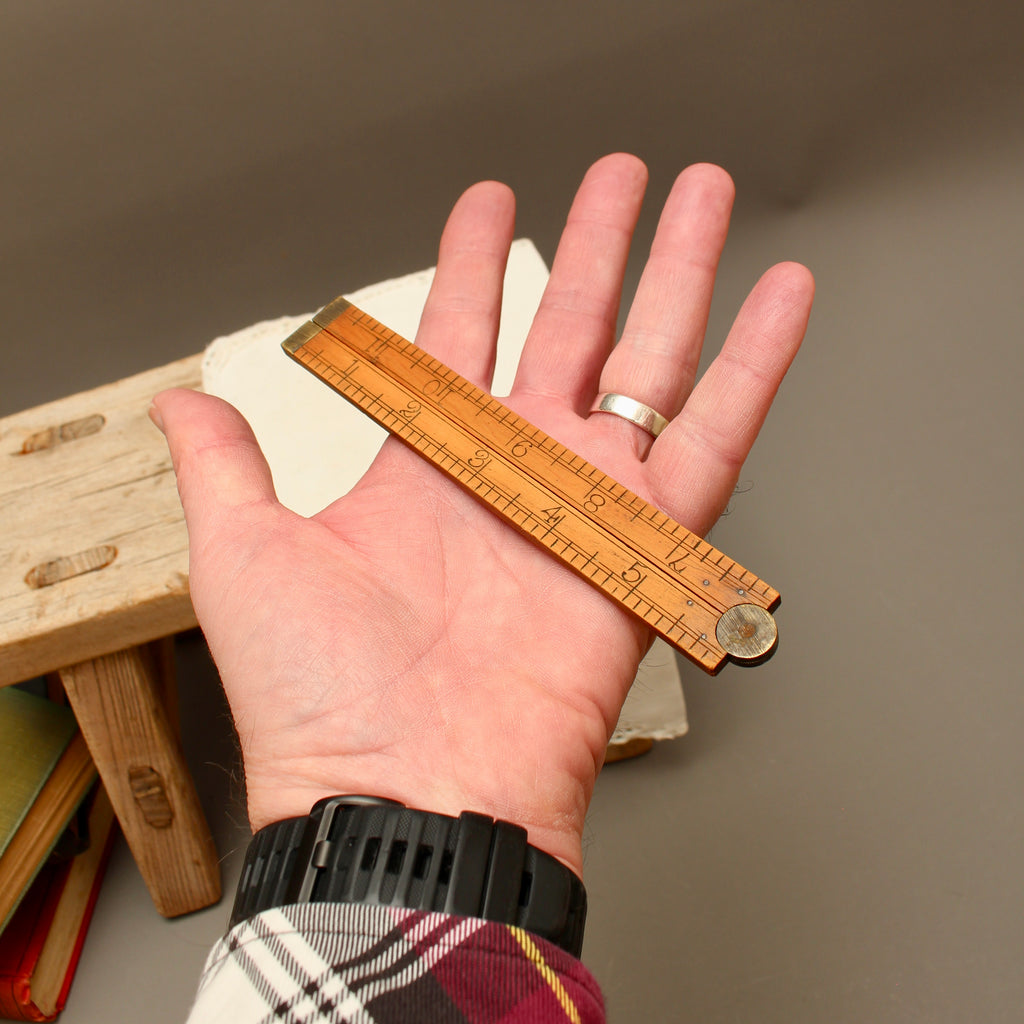 Antique Boxwood and Brass 1-Foot Folding Rule – Two-Fold Pocket Pocket Measure