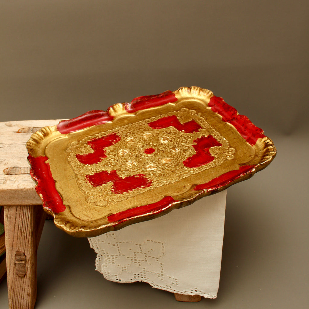 Vintage Florentine Gilt Wood Serving Tray – Small Crimson Florentia Dish