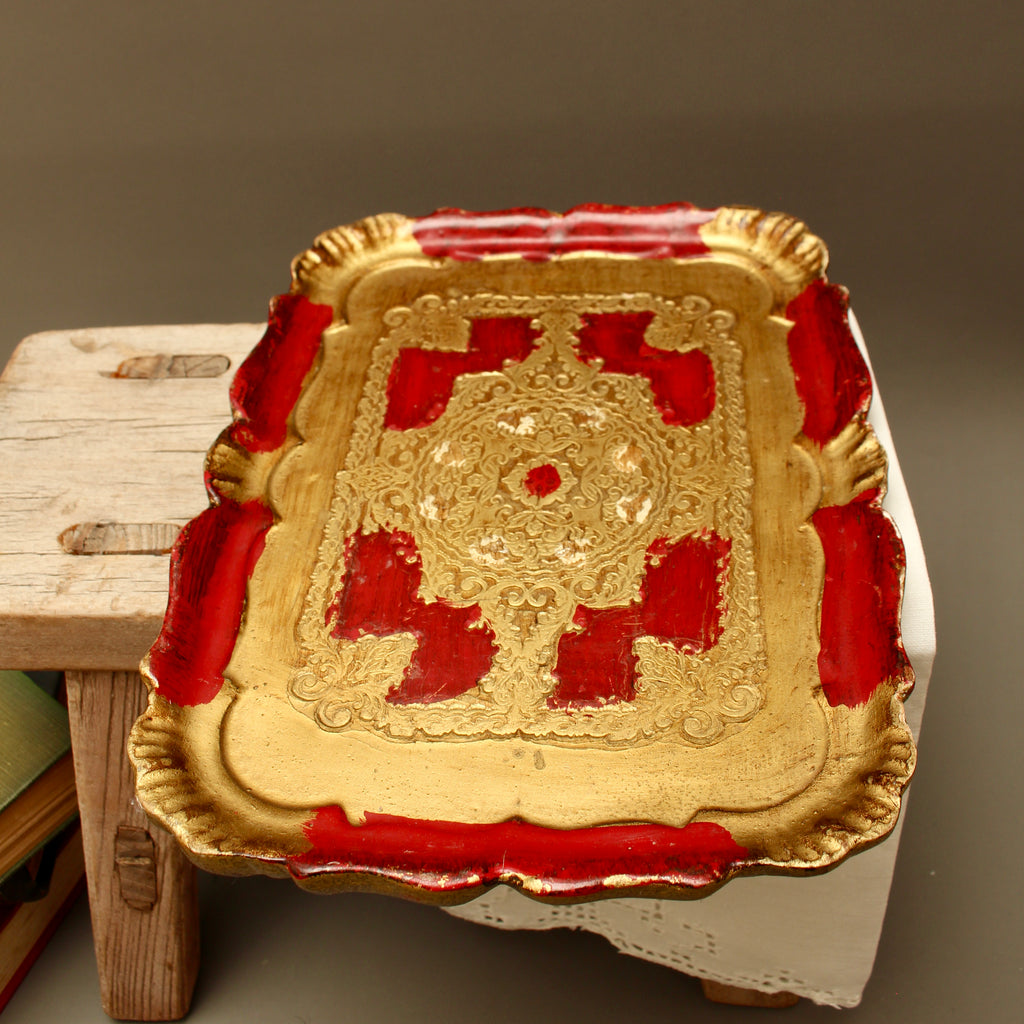 Vintage Florentine Gilt Wood Serving Tray – Small Crimson Florentia Dish
