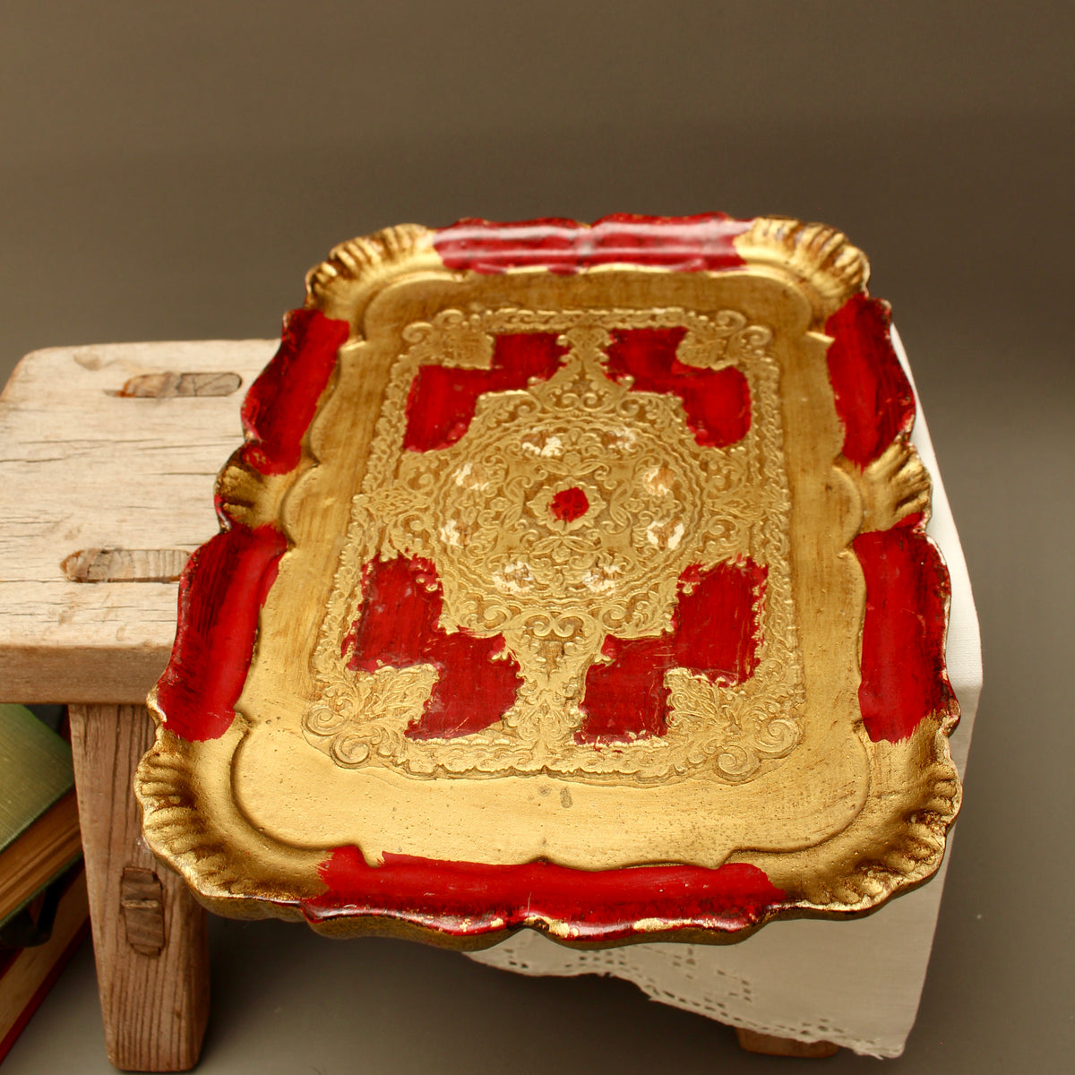 Vintage Florentine Gilt Wood Serving Tray – Small Crimson Florentia Dish