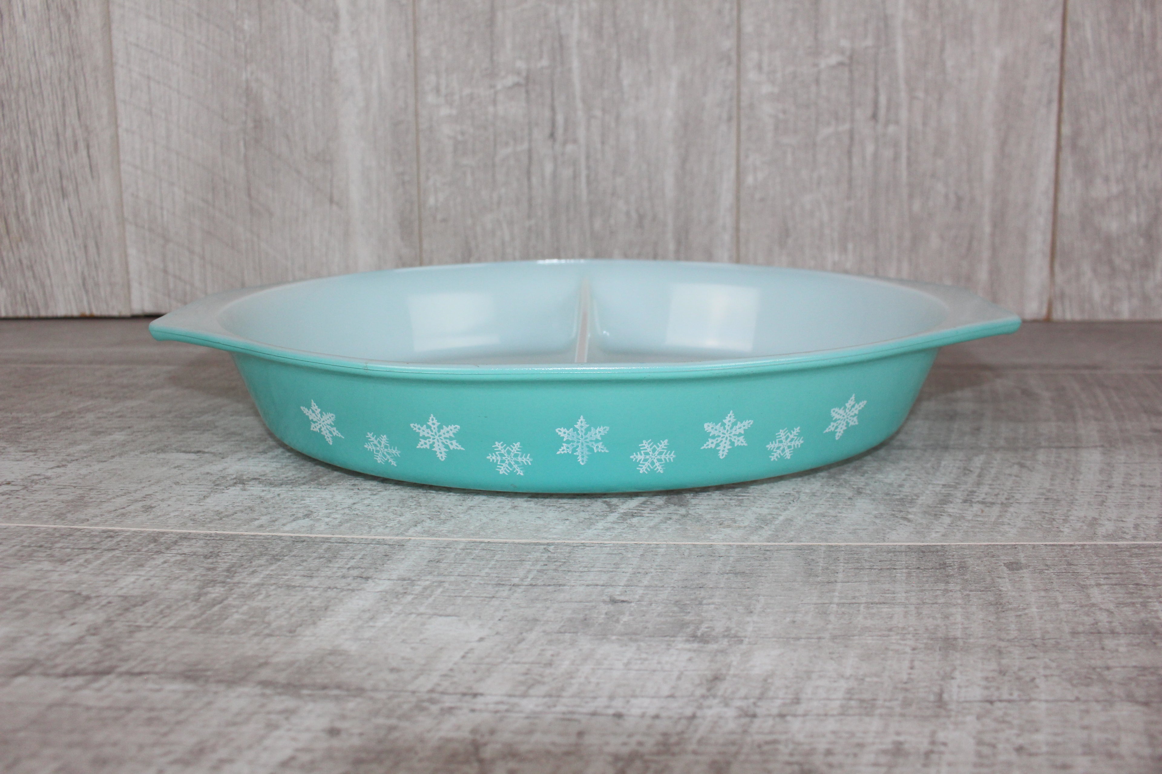 JAJ Pyrex Turquoise Snowflake Divided Dish Vintage