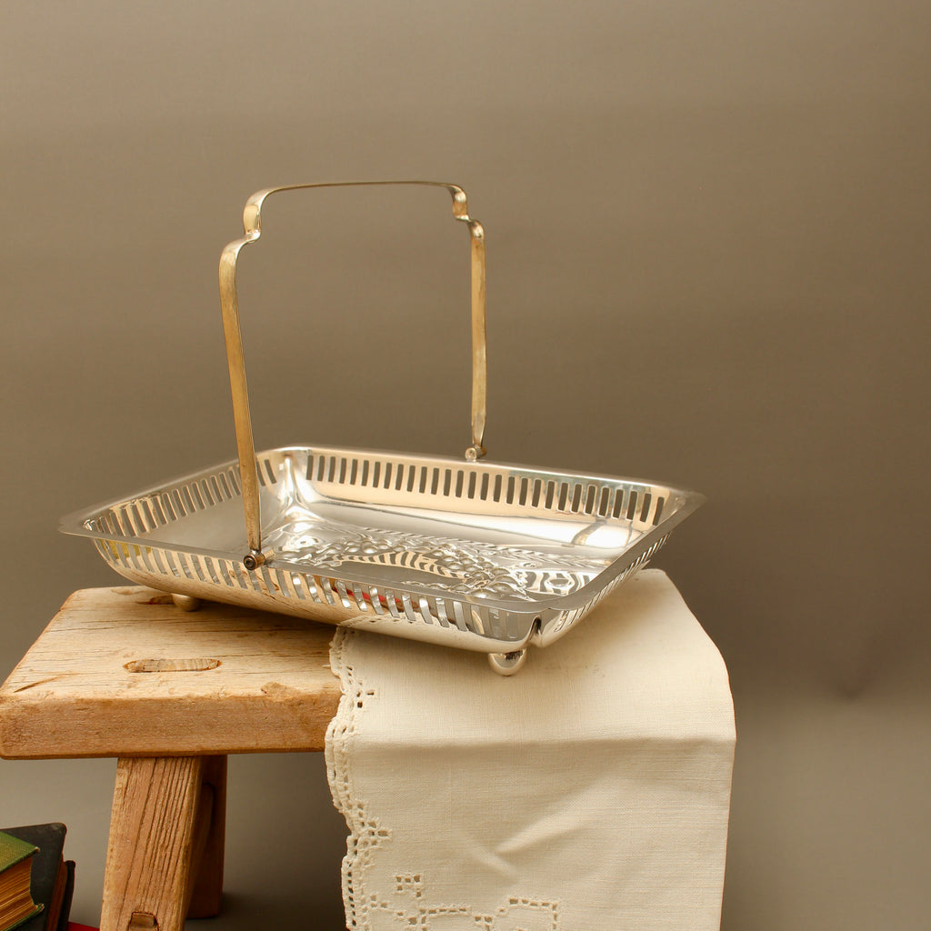 Vintage Barker Brothers EPNS Silver-Plated Cake Basket – Pierced Footed Serving Tray