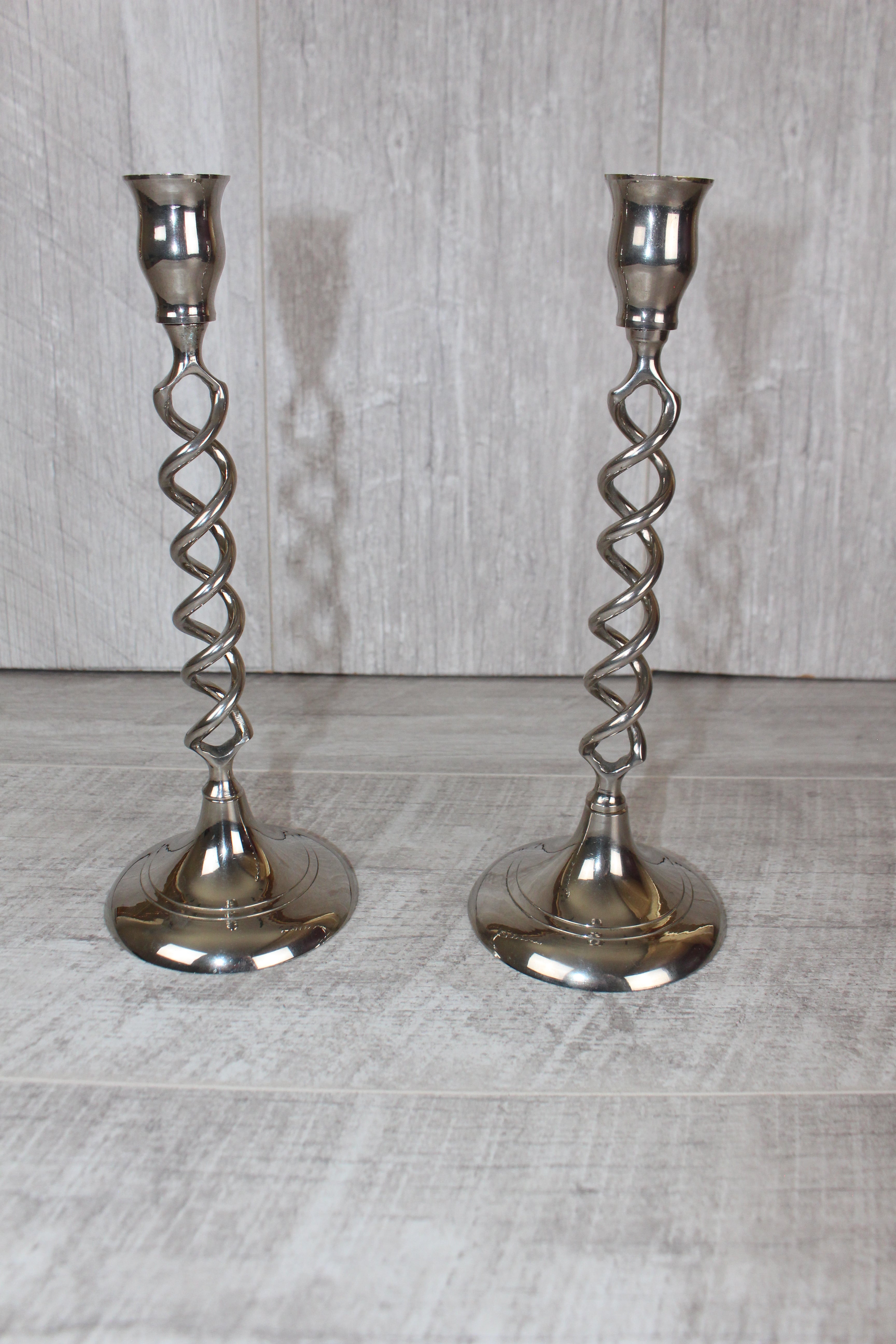 Vintage Pair Of Silver Nickel Plated Barley Twist Candlesticks 9.5"