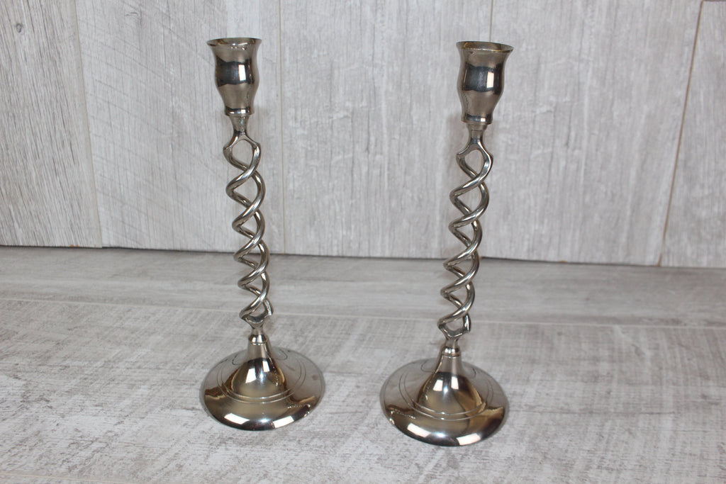 Vintage Pair Of Silver Nickel Plated Barley Twist Candlesticks 9.5"