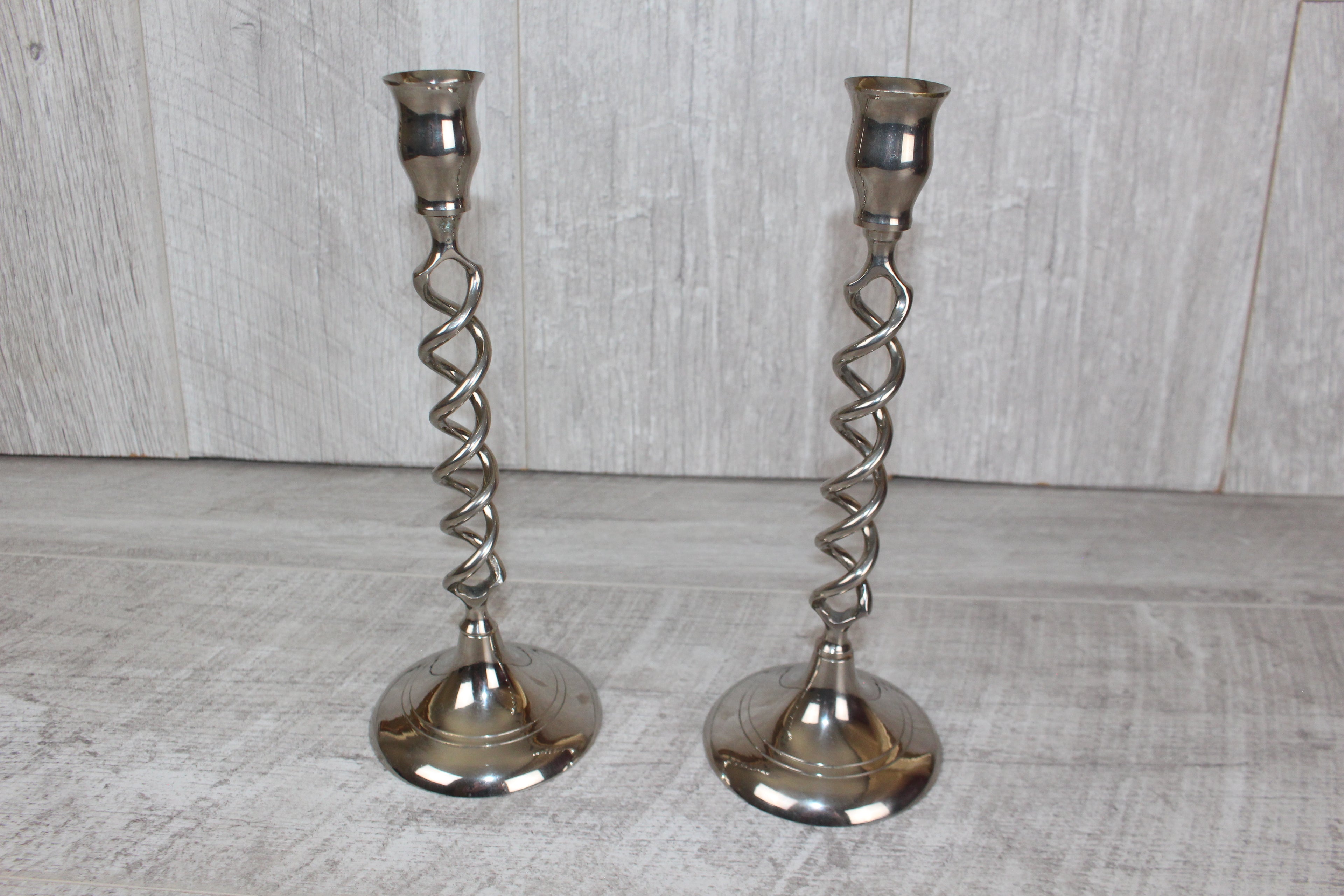 Vintage Pair Of Silver Nickel Plated Barley Twist Candlesticks 9.5"