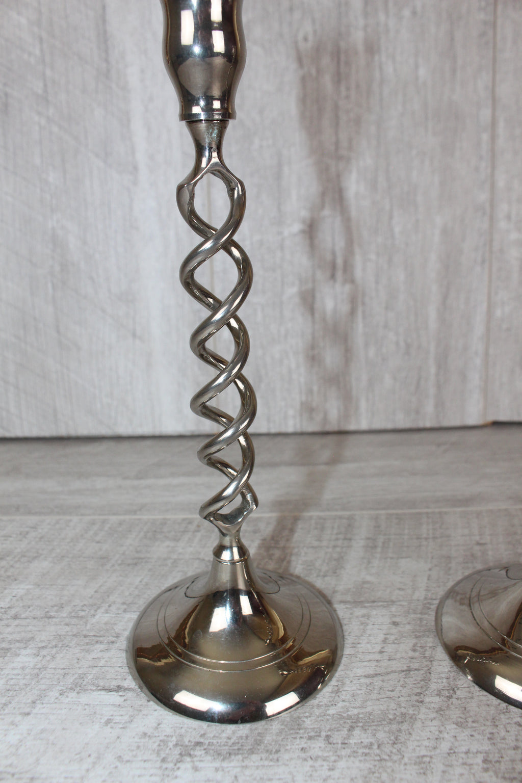 Vintage Pair Of Silver Nickel Plated Barley Twist Candlesticks 9.5"