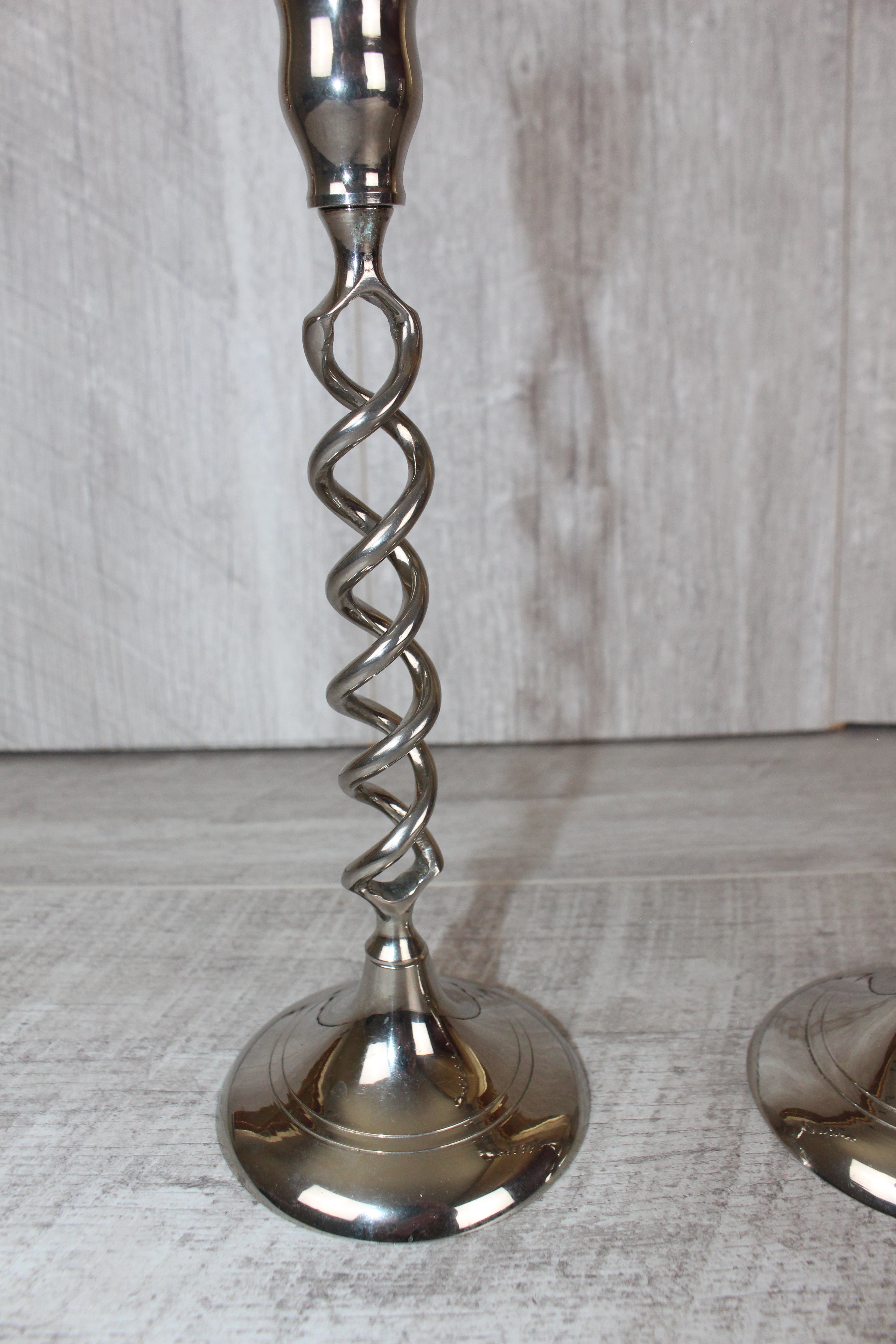 Vintage Pair Of Silver Nickel Plated Barley Twist Candlesticks 9.5"