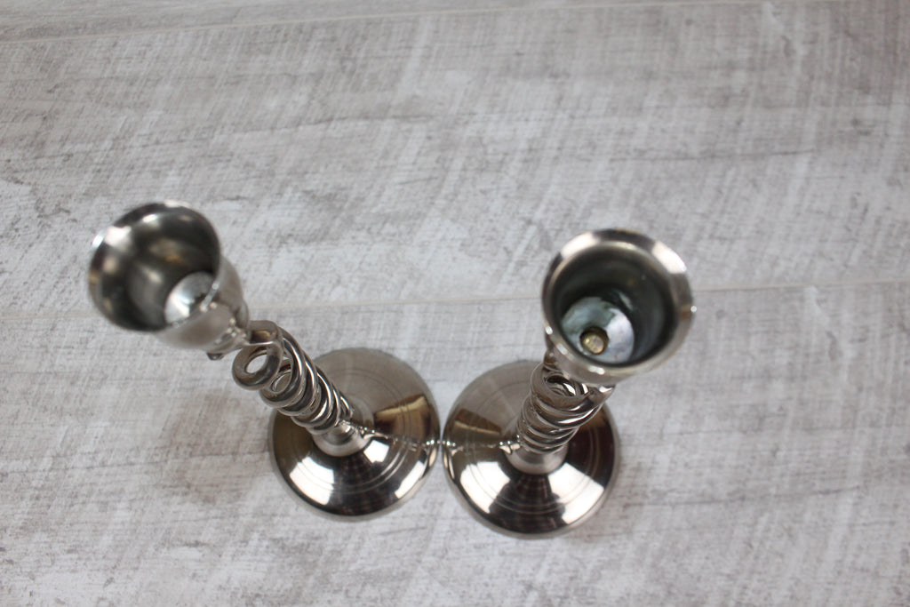 Vintage Pair Of Silver Nickel Plated Barley Twist Candlesticks 9.5"