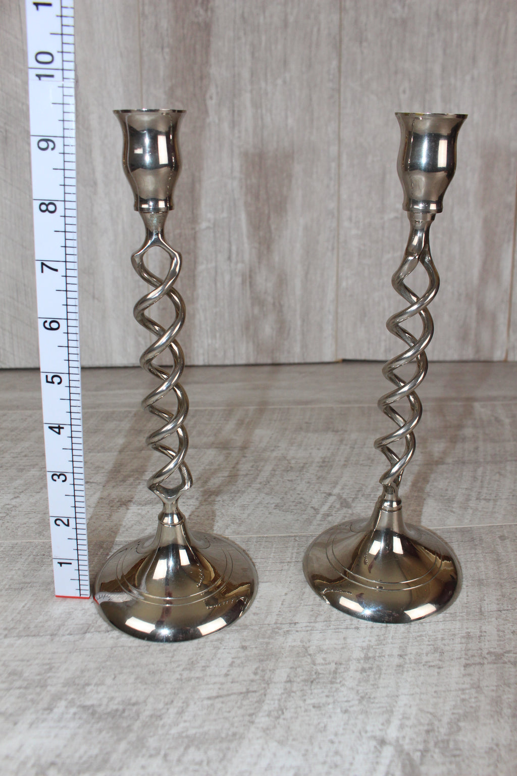 Vintage Pair Of Silver Nickel Plated Barley Twist Candlesticks 9.5"