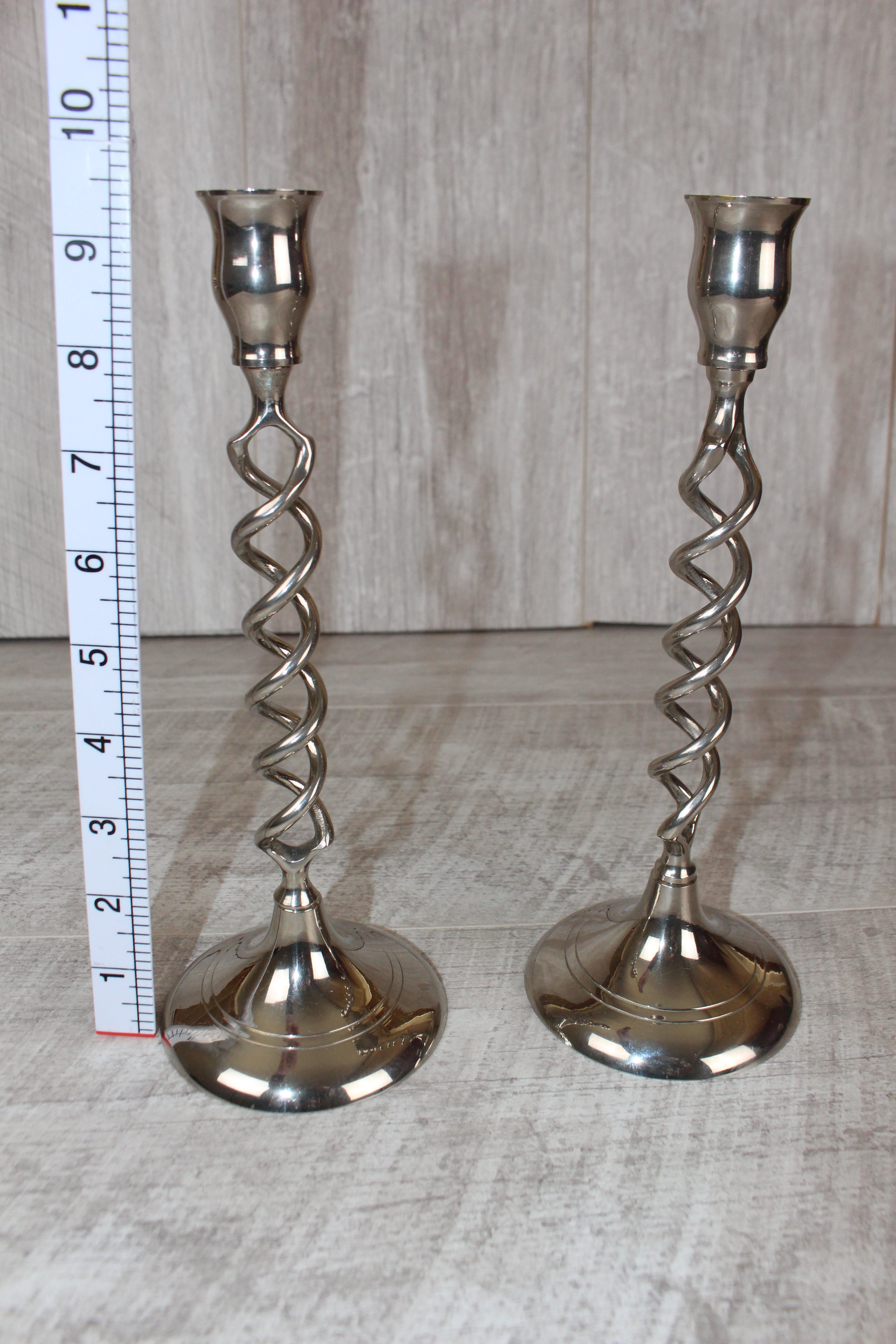 Vintage Pair Of Silver Nickel Plated Barley Twist Candlesticks 9.5"