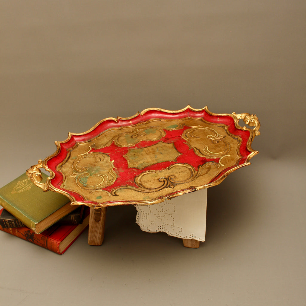 Large Vintage Florentine Gilt Wood Serving Tray – Ornate Handles Crimson Salver