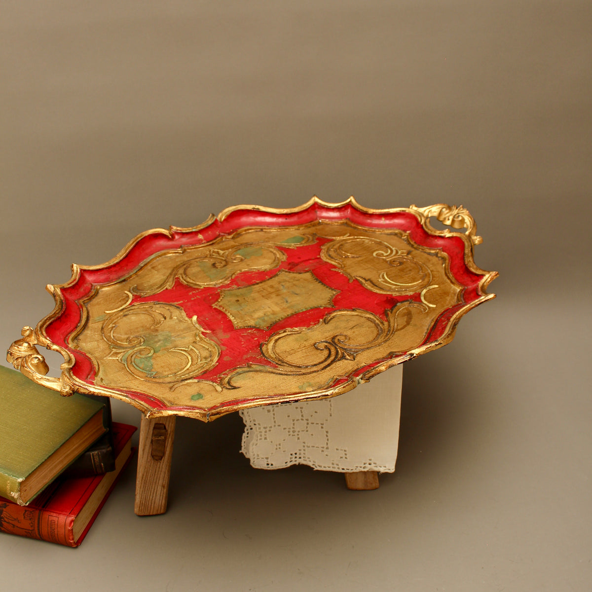 Large Vintage Florentine Gilt Wood Serving Tray – Ornate Handles Crimson Salver