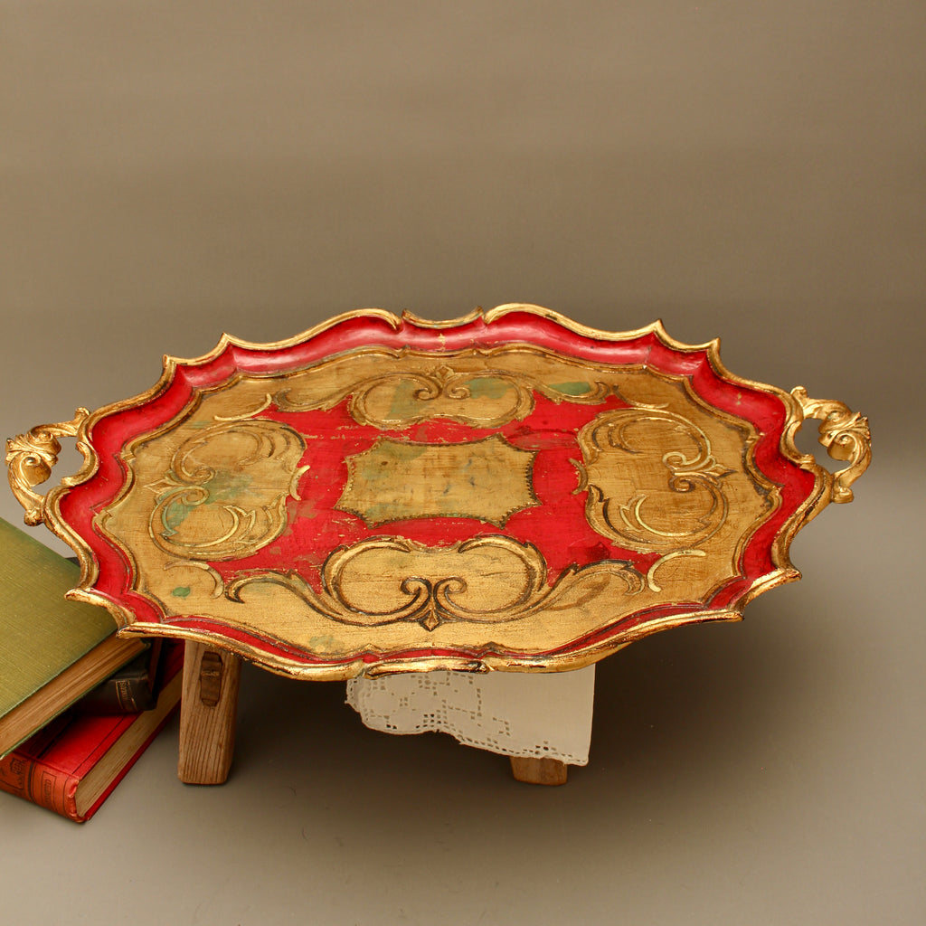 Large Vintage Florentine Gilt Wood Serving Tray – Ornate Handles Crimson Salver