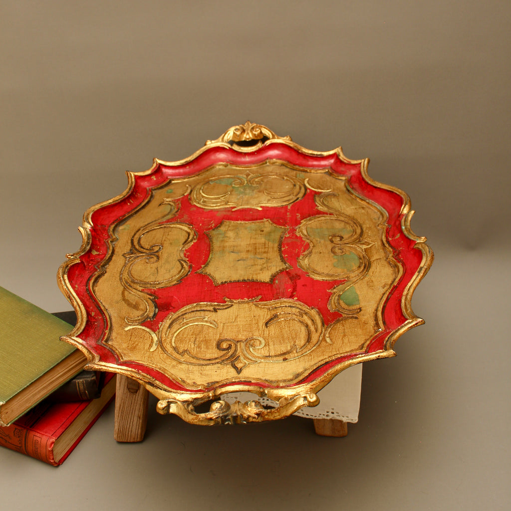 Large Vintage Florentine Gilt Wood Serving Tray – Ornate Handles Crimson Salver