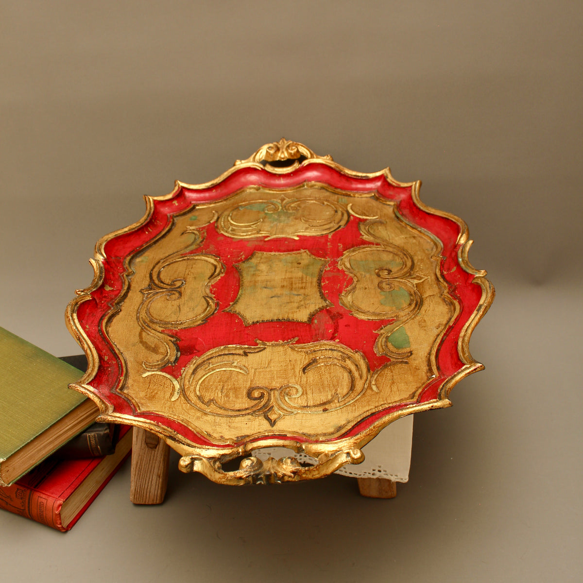 Large Vintage Florentine Gilt Wood Serving Tray – Ornate Handles Crimson Salver