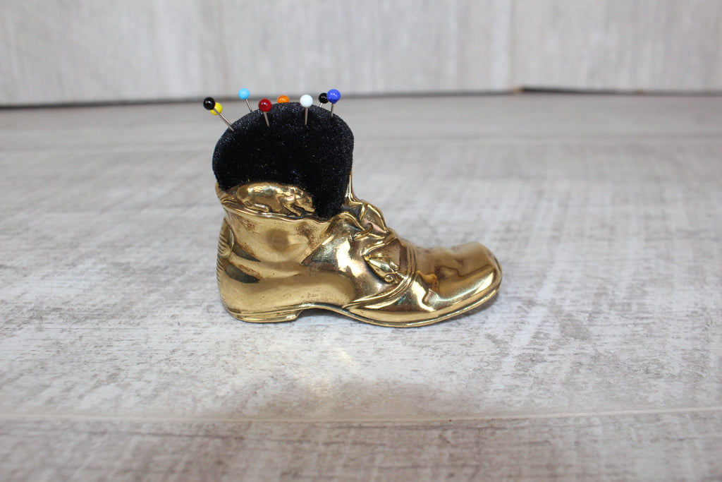 Brass Shoe Boot Pin Cushion with Pins Mouse Detail to Boot Vintage Collectable
