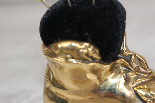 Brass Shoe Boot Pin Cushion with Pins Mouse Detail to Boot Vintage Collectable