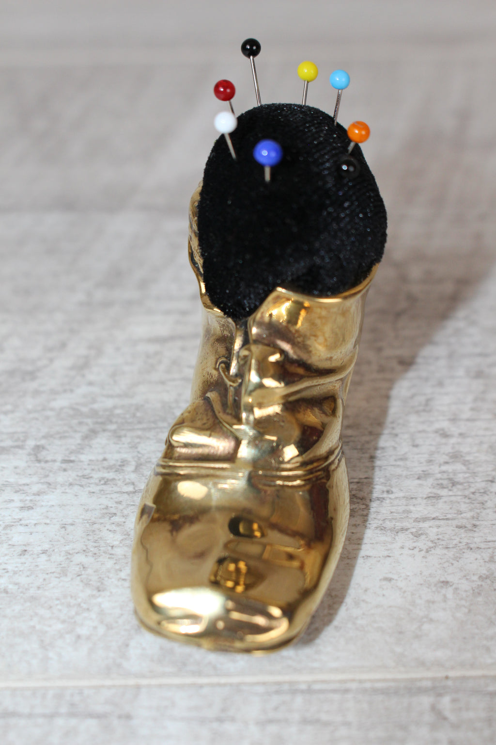 Brass Shoe Boot Pin Cushion with Pins Mouse Detail to Boot Vintage Collectable