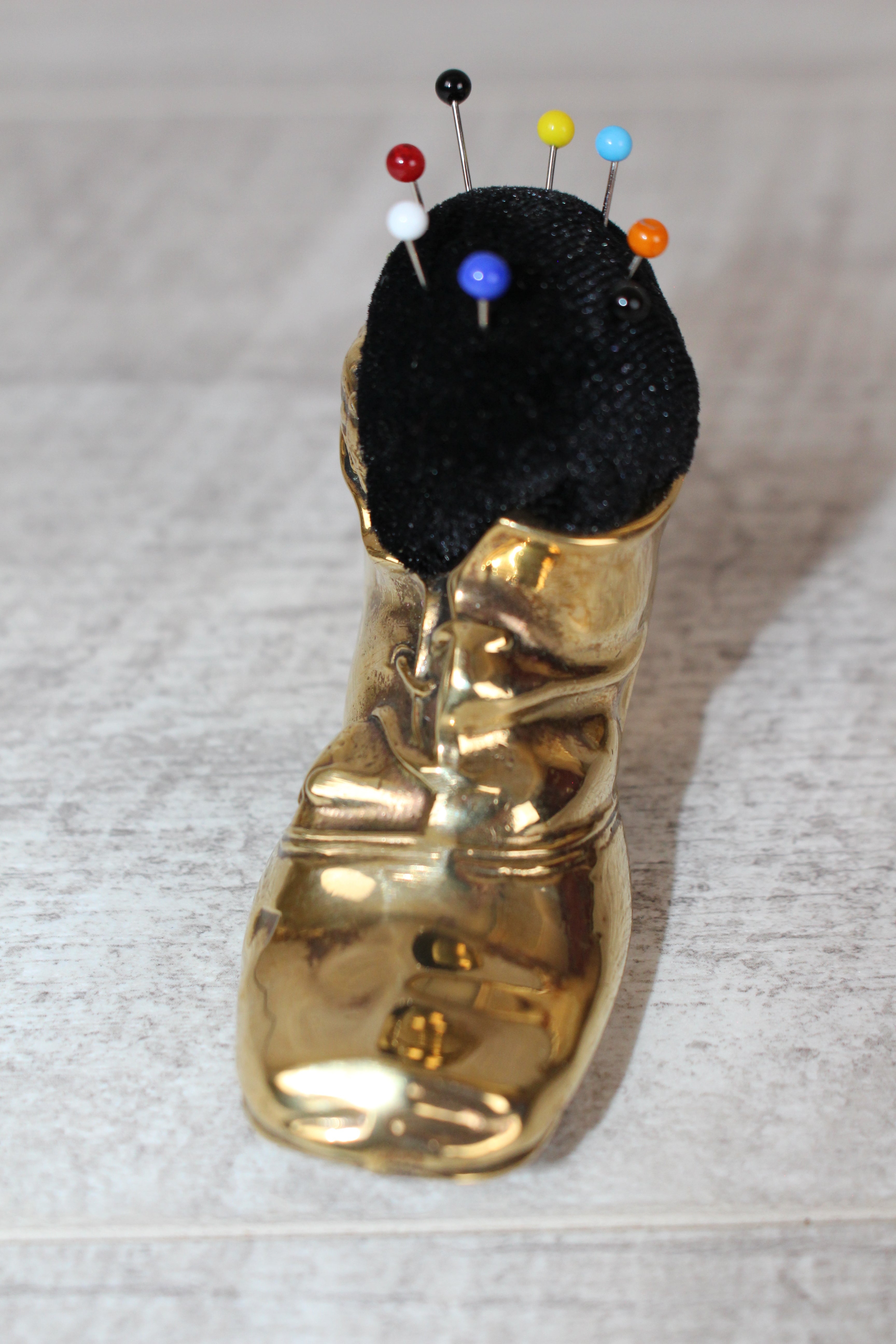 Brass Shoe Boot Pin Cushion with Pins Mouse Detail to Boot Vintage Collectable