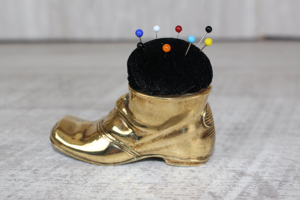 Brass Shoe Boot Pin Cushion with Pins Mouse Detail to Boot Vintage Collectable