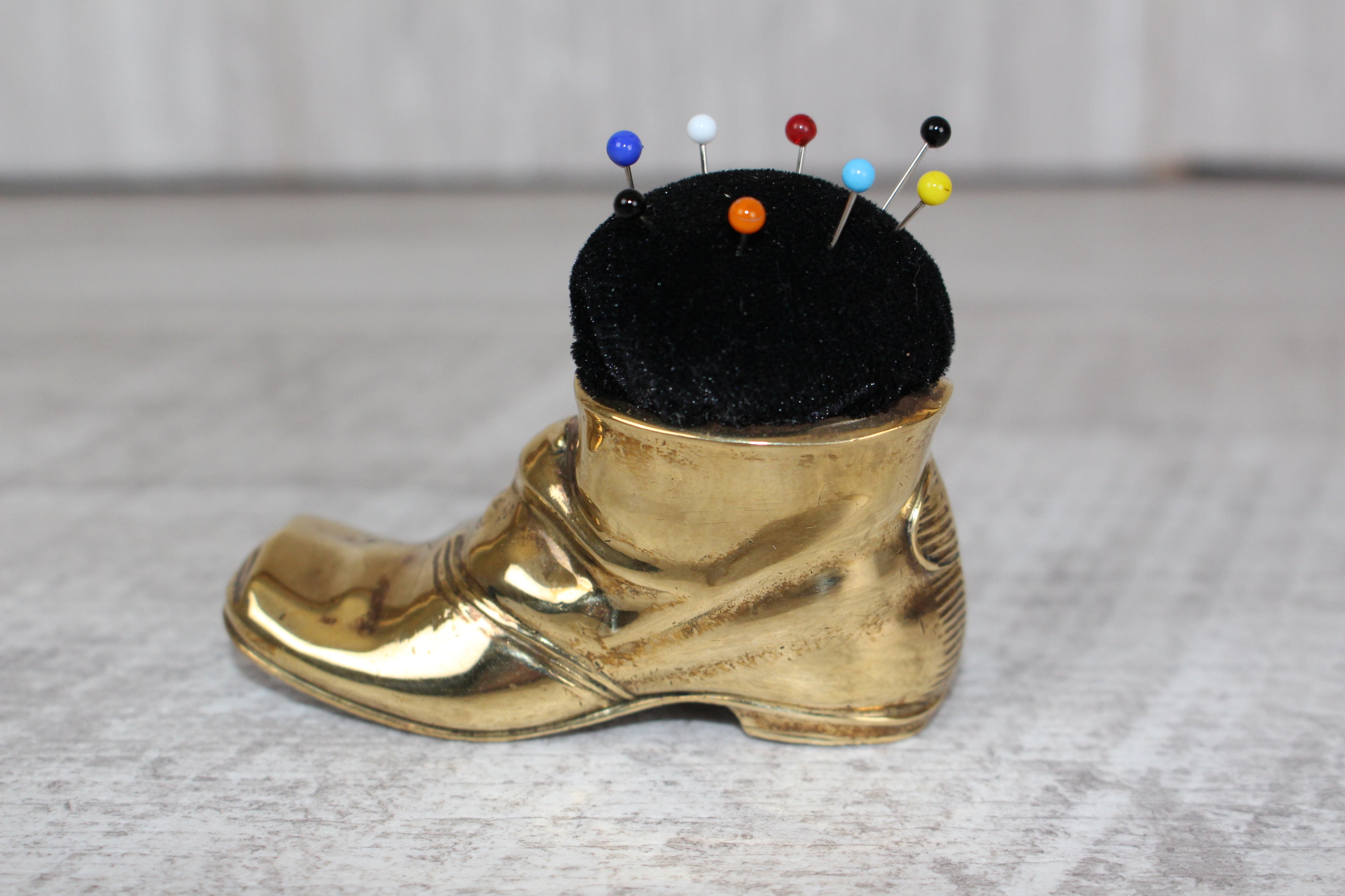Brass Shoe Boot Pin Cushion with Pins Mouse Detail to Boot Vintage Collectable
