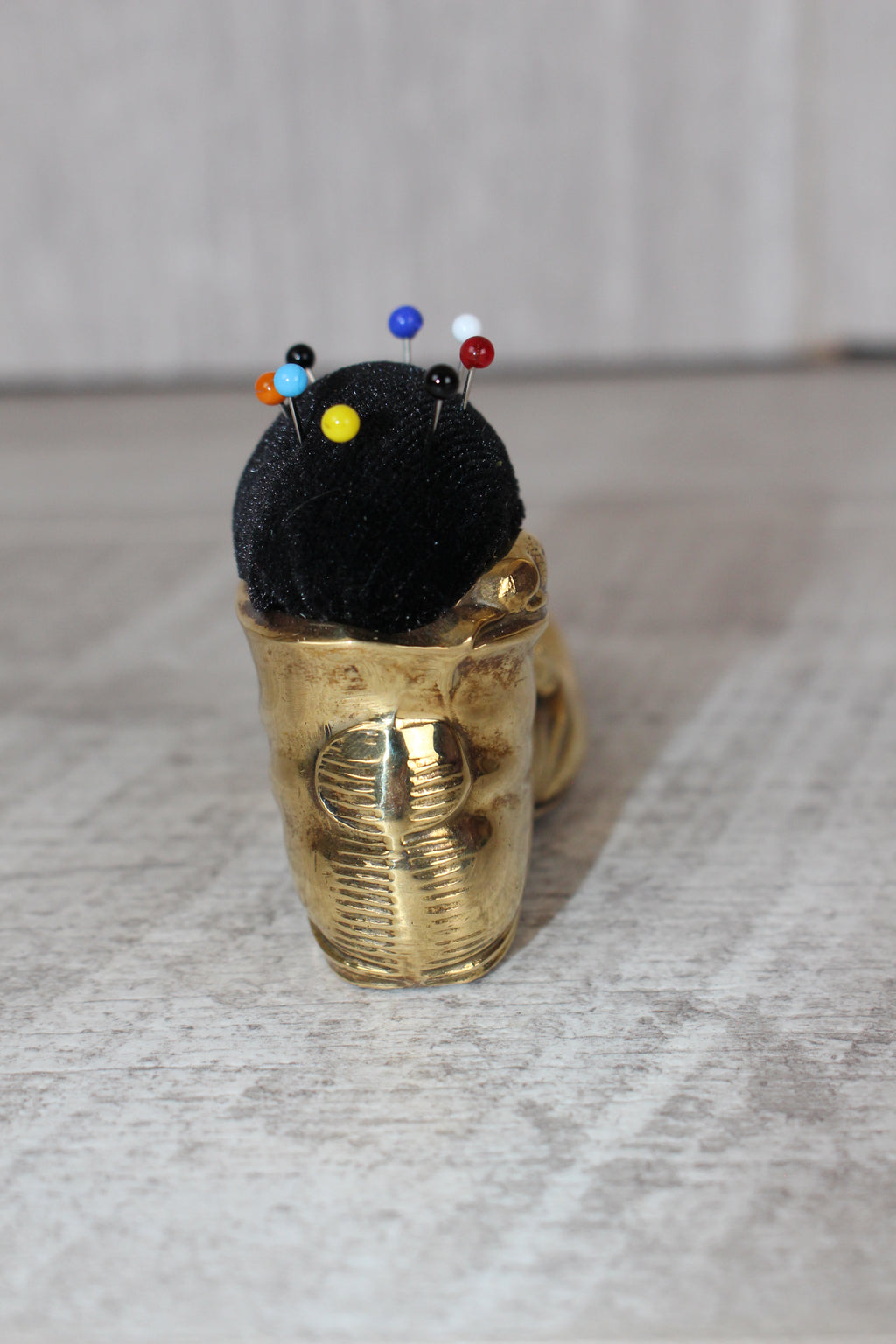 Brass Shoe Boot Pin Cushion with Pins Mouse Detail to Boot Vintage Collectable