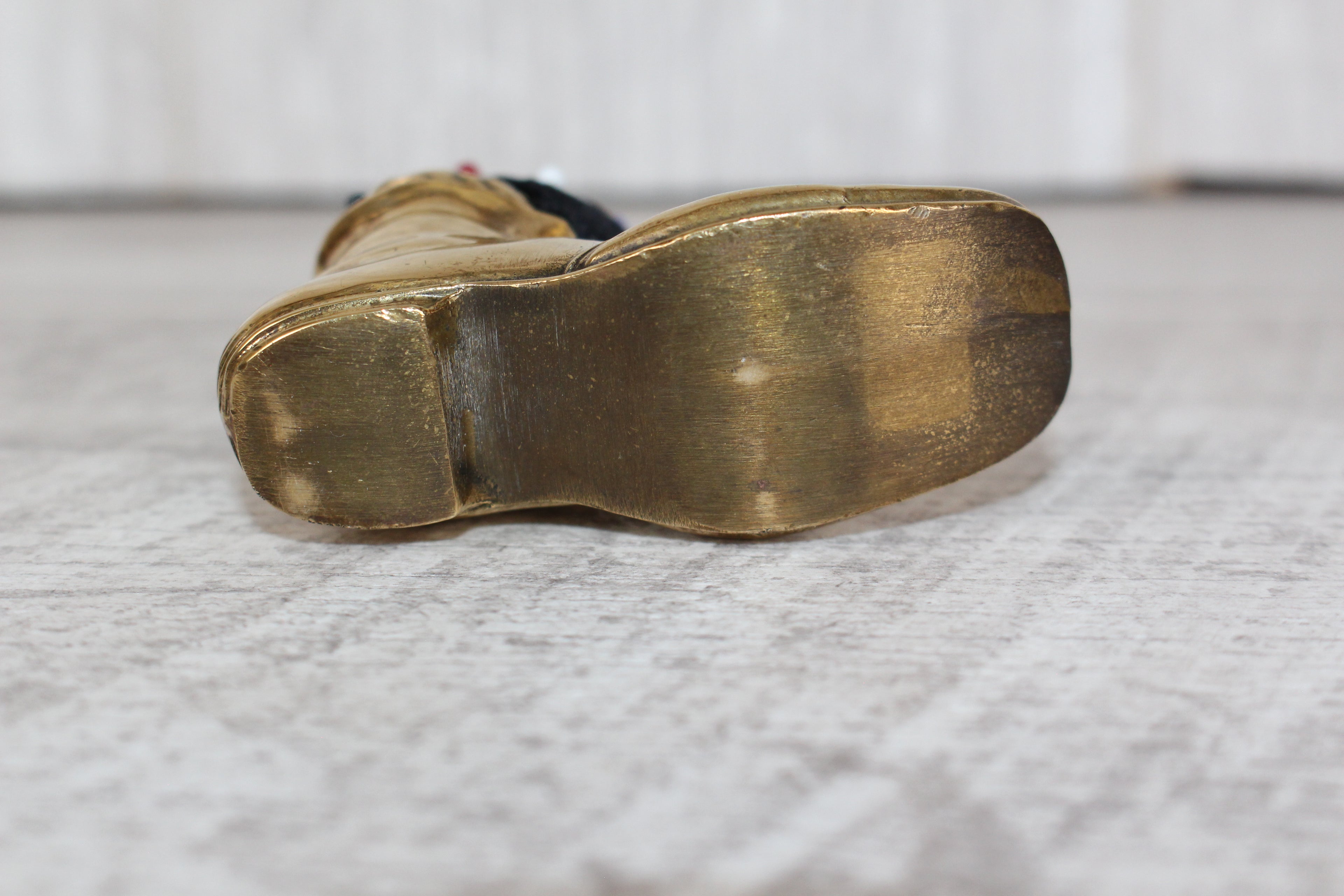 Brass Shoe Boot Pin Cushion with Pins Mouse Detail to Boot Vintage Collectable