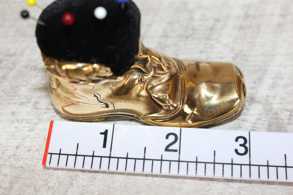 Brass Shoe Boot Pin Cushion with Pins Mouse Detail to Boot Vintage Collectable