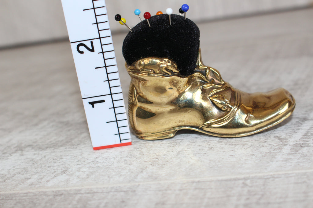 Brass Shoe Boot Pin Cushion with Pins Mouse Detail to Boot Vintage Collectable